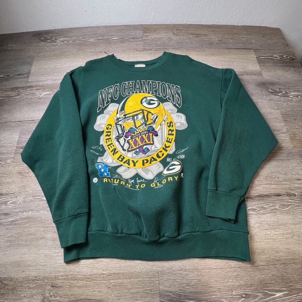 Green Bay Packers Sweatshirt Mens XXL Green 1997‎ NFC Champions Super Bowl delta